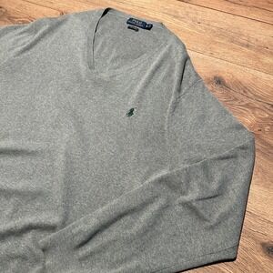 Polo Ralph Lauren Gray Pima‎ Cotton V-Neck Sweater Mens XL